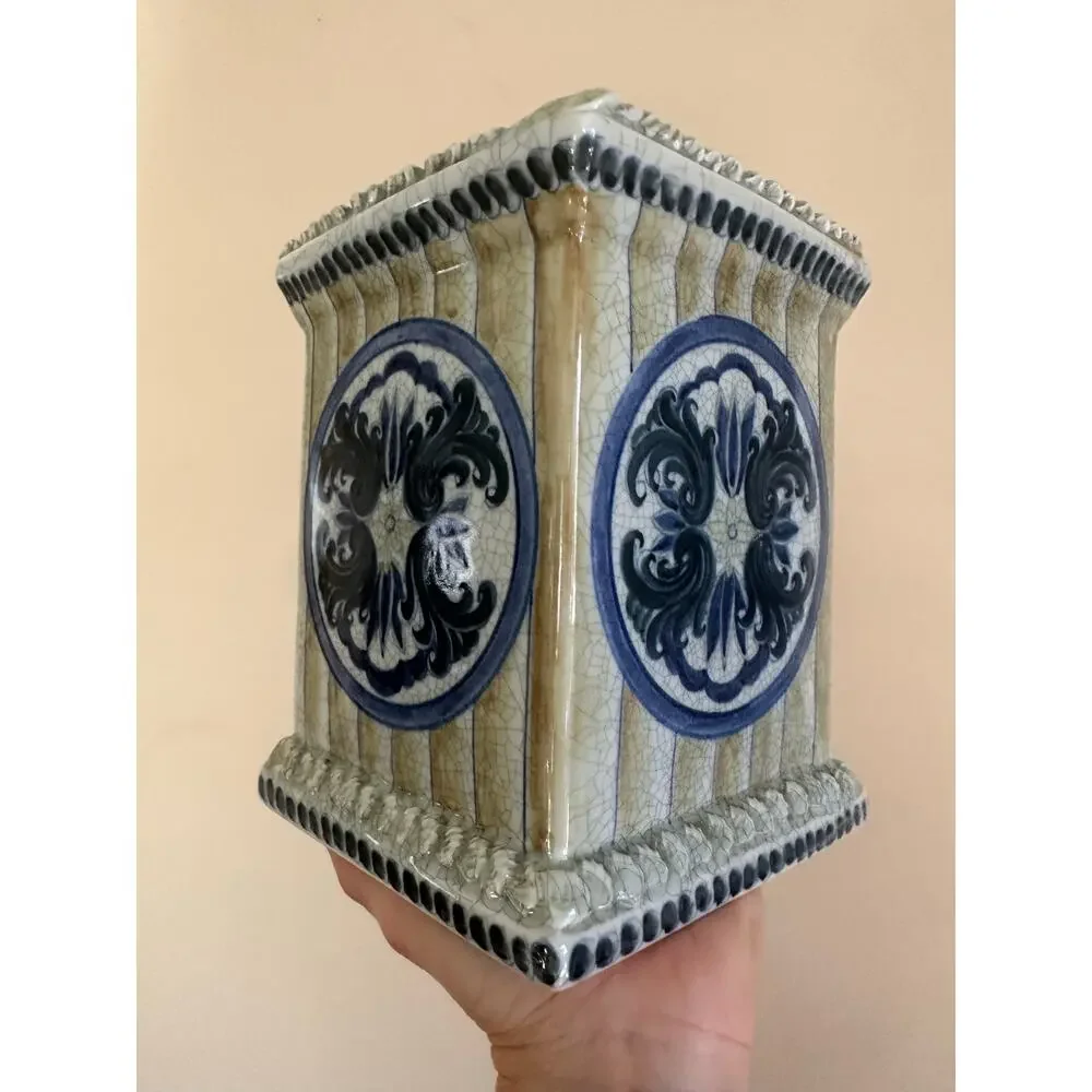 Maitland Smith Vintage Blue Porcelain Jar Chinoiserie Utencil holder square